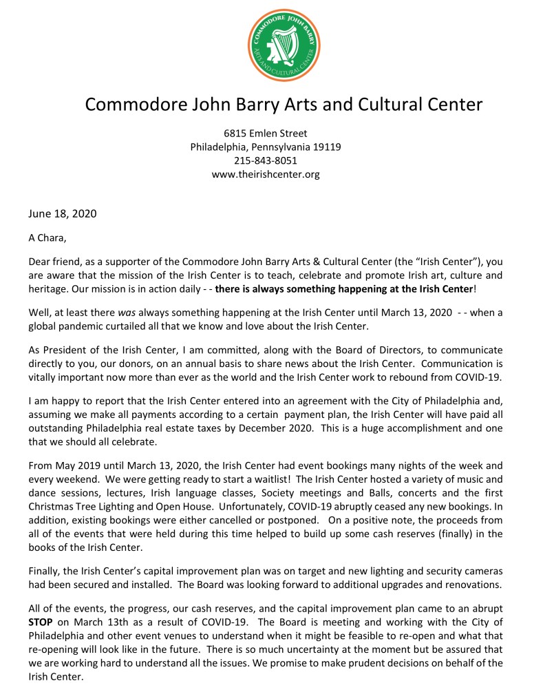 Irish Center fundraising ltr 2020